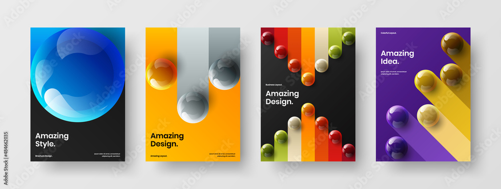 Isolated 3D spheres poster concept set. Modern postcard A4 design vector template collection.