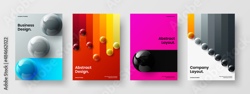 Unique presentation design vector layout composition. Premium realistic spheres magazine cover template set.