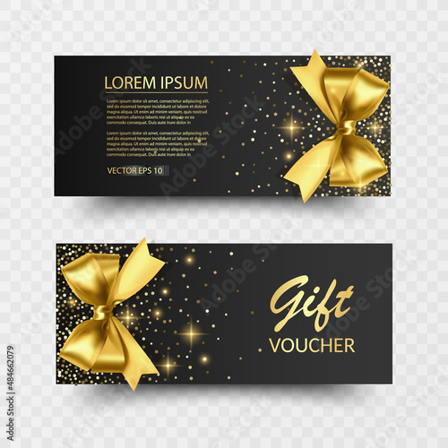 Set of Gift Voucher Card Template, Advertising or Sale. template with glitter texture and realistic bow, vector illustration