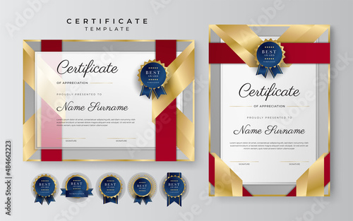 Luxury certificate of appreciation template with red and gold color, multipurpose certificate border with badge design. Elegant red and gold diploma certificate template