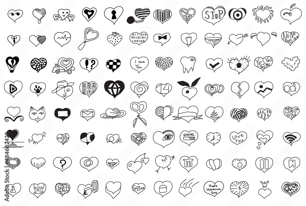 Hand drawn sketchy doodle black hearts vector collection set of 96 ...