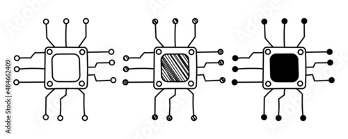 Set of hand drawn vector Microprocessor in doodle cartoon style