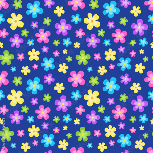 Funny seamless pattern with colorful flowers on blue board. Positive summer mood. Endless design. Print for textile, clothes, gift wrap, cards, design and decor. 