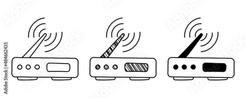 Set of hand drawn vector Wireless Router in doodle cartoon style