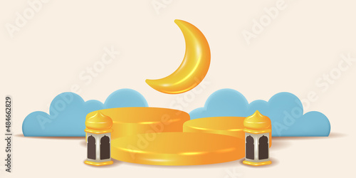 3d cute moon crescent with yellow shiny cylinder podium stage decoration for ramadan islamic event party