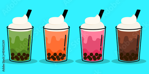 Yummy Bubble Tea Ice Drink Flavors Set Cute Animated Vector