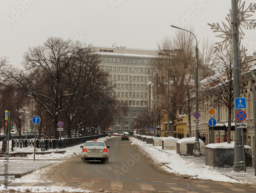 Moscow, Russia, Jan 21, 2022:  Neginnaya stret. View from Trubnaya square. Snow photo