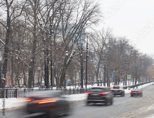 Moscow, Russia, Jan 21, 2022:  Cars driving along the Petrovsky boulevard at high speed