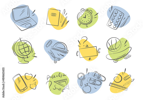 Hand drawn set icons of school supplies and objects. Back to school background. Doodle sketch style. Vector illustration