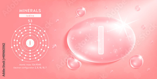 Drop water minerals iodine pink. Minerals complex with Chemical formula from nature. Nutrition healthy food supplement design. Medical and scientific concepts. 3D Realistic Vector EPS10.