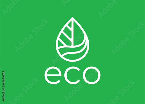 Eco friendly leaf logo. Clean environment plant line icon. Green sustainable energy symbol. Conceptual nature waterdrop leaf sign. Vector illustration.