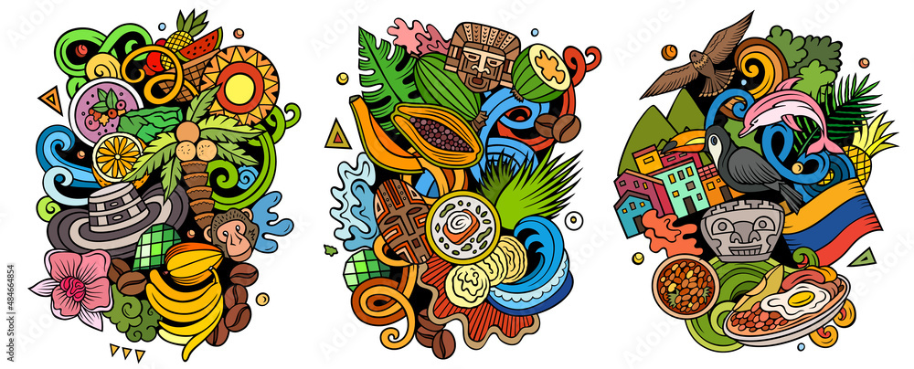 Colombia cartoon vector doodle designs set.