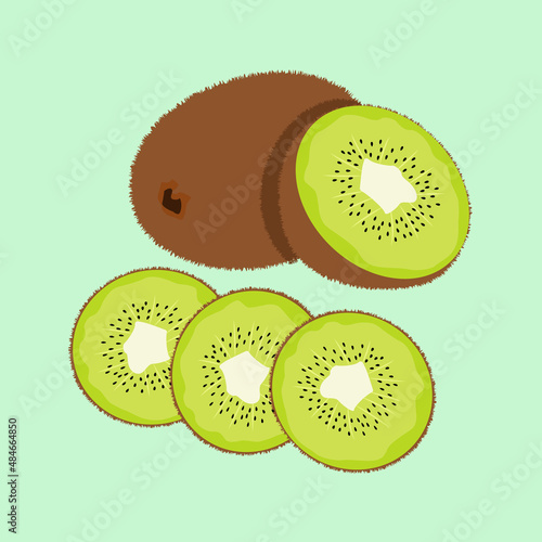 Juicy Kiwi and a half of kiwi. Three slices of kiwi. Isolated vector Illustration.
