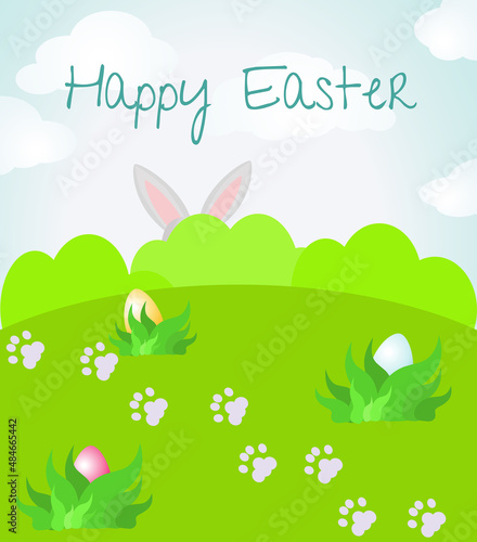 Easter card. Happy Easter lettering background with bright spring landscape and ears that protrude from the bushes. Vector illustration greeting card, ad, flyer, promotion, web-banner,  poster.