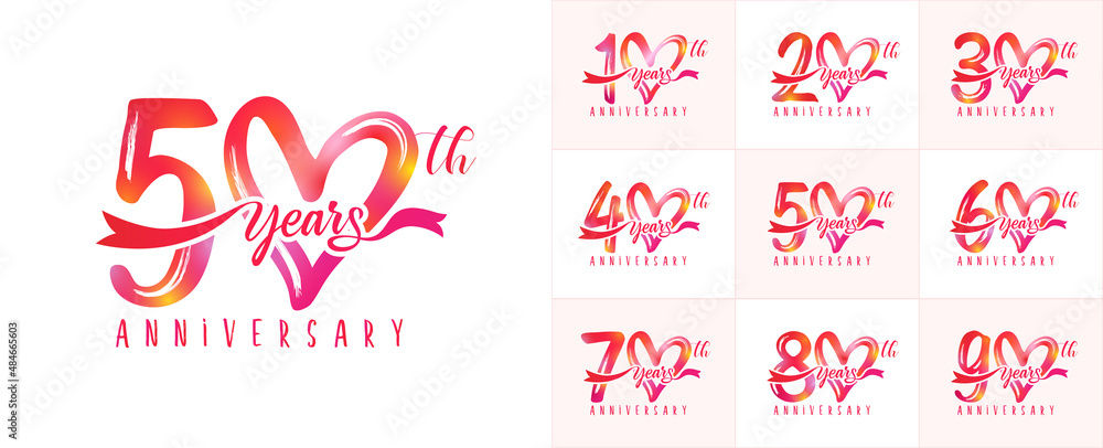 Fototapeta premium Set of anniversary love logo with pink handwriting for wedding, celebration event. Vector illustration for greeting card or Valentine day invitation