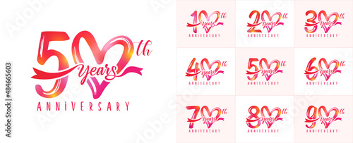 Set of anniversary love logo with pink handwriting for wedding, celebration event. Vector illustration for greeting card or Valentine day invitation