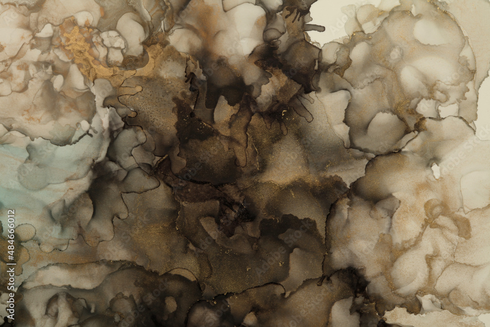 Abstract gold and brown color background. Marble texture. Alcohol ink colors.
