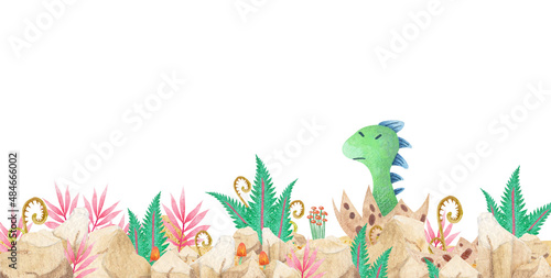 collection of watercolor frame (cute green dinosaurs and tropical vegetation) with place for text on isolated background (for designing web banners, greeting cards, printing on various objects, etc.)