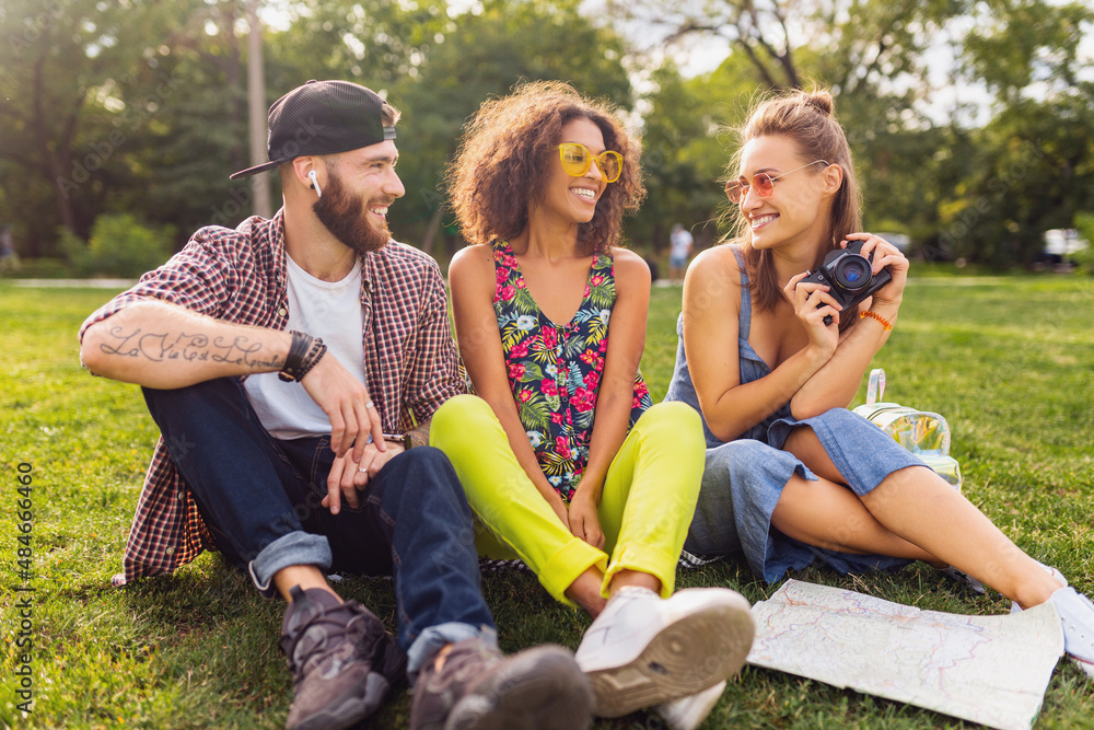 happy young company of friends sitting park happy young company of friends sitting park