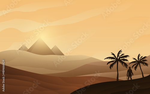 Black silhouette of a mummy and palm tree in Egypt pyramids landscape. Egyptian great pyramids in the desert in the vector background.