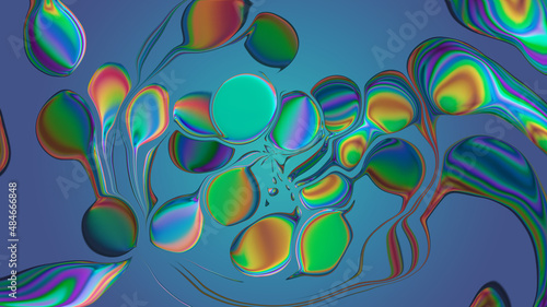 Abstract blue background with rainbow shapes.