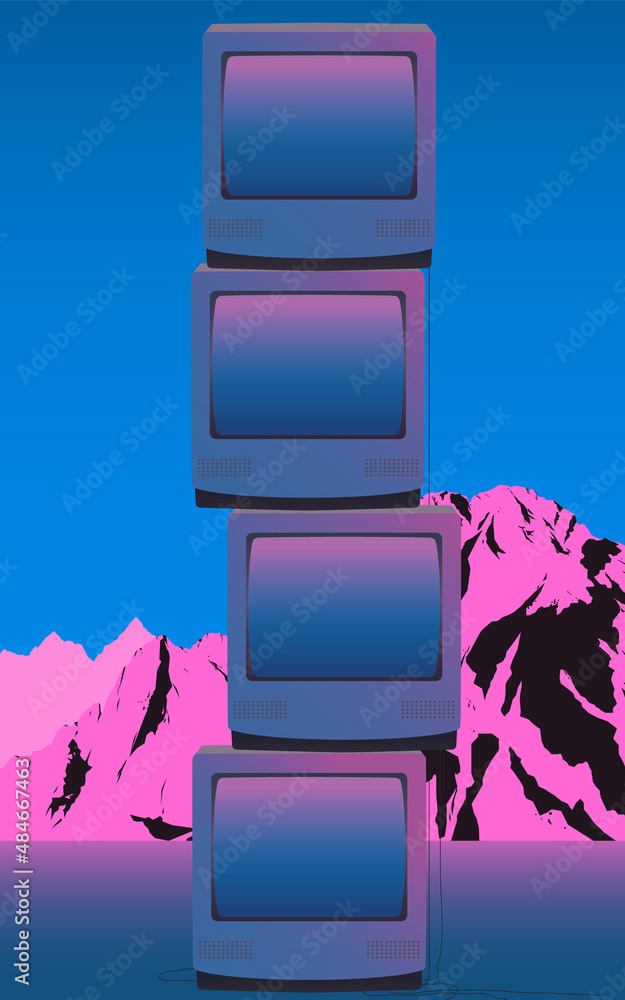 Stack of crt tv in pink and ultramarine neon glow ambience and retro mountain wallpaper, aesthetic background illustration Stock Vector Adobe Stock