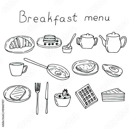Breakfast set vector illustration, hand drawing doodles