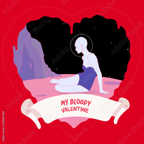 Lonely love sick heartbroken woman on strange other planet, vintage space voyage illustration card print design