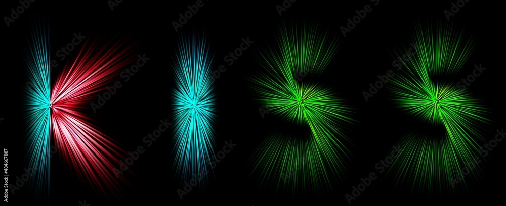 Abstract radial zoom blur surface in green, blue and red tones on a black background. Spectacular bright background with radial, divergent, converging lines in the shape of the word kiss. Abstract radial zoom blur surface in green, blue and red tones on a black background. Spectacular bright background with radial, divergent, converging lines in the shape of the word kiss.