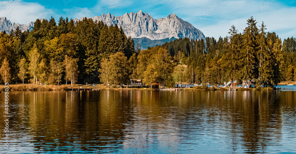 Beautiful alpine summer view with reflections and the famous Wilder Kaiser mountains at the Schwarzsee lake, Tyrol, Austria