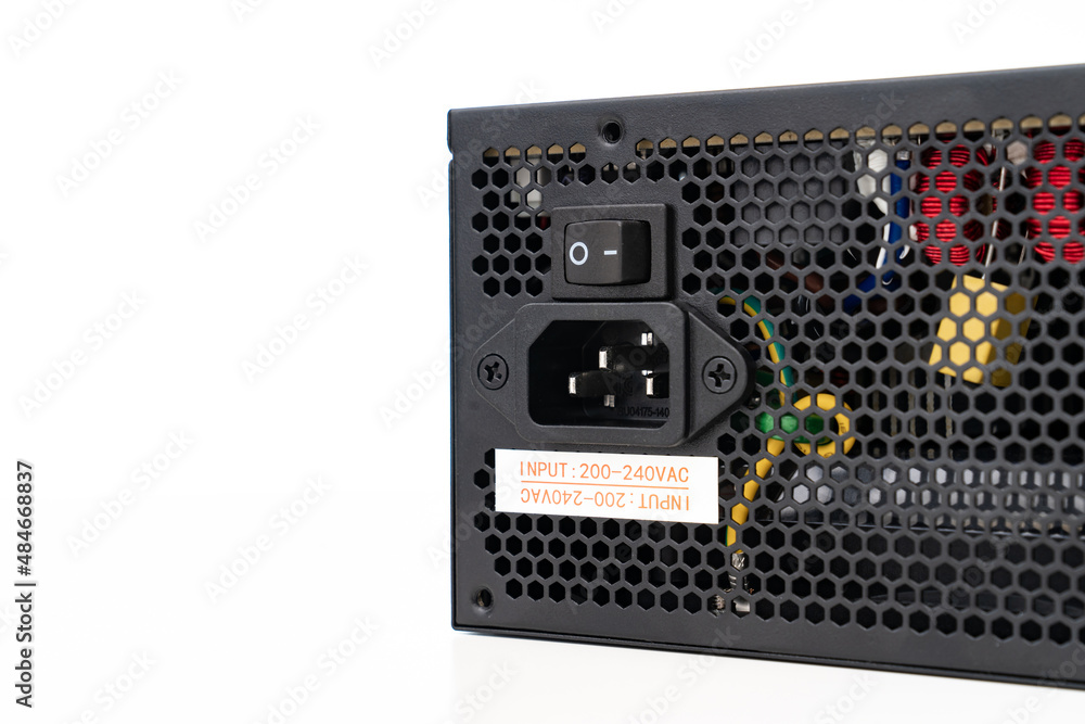 part of PSU. The computer's power supply is on a white background. part of PSU. The computer's power supply is on a white background.