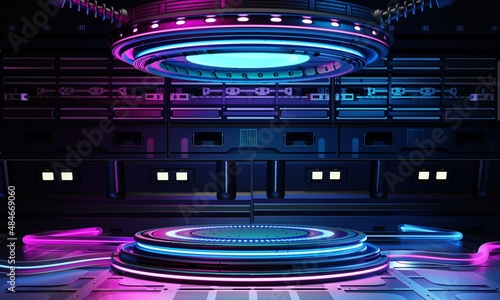 Cyberpunk sci-fi product podium showcase in spaceship base with blue and pink background. Technology and object concept. 3D illustration rendering