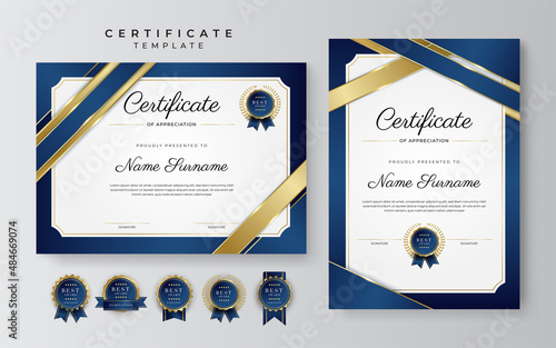 Modern blue certificate template and border, for award, diploma, honor, achievement, graduation and printing
