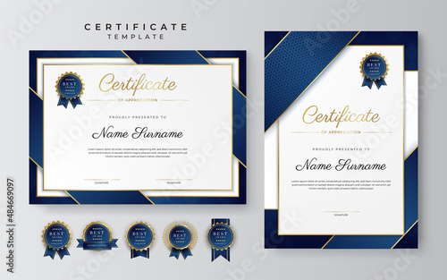 Modern blue certificate template and border, for award, diploma, honor, achievement, graduation and printing photo