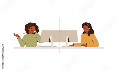 Woman at home talks to operator call center. Service consultant help female customer online. Remote conversation between client and assistent of support line. Vector illustration