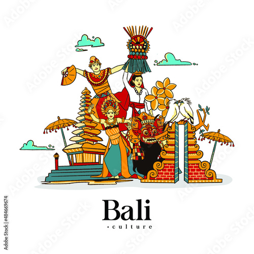 Set balinese Illustration. Hand drawn Indonesian cultures background