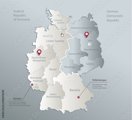 Germany map divided on West and East  map  administrative division with names  blue white card paper 3D vector