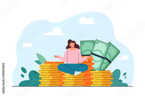 Girl sitting in lotus pose on coins flat vector illustration. Peaceful rich woman meditating on stack of money or banknotes. Wealth, success concept for banner, website design or landing web page