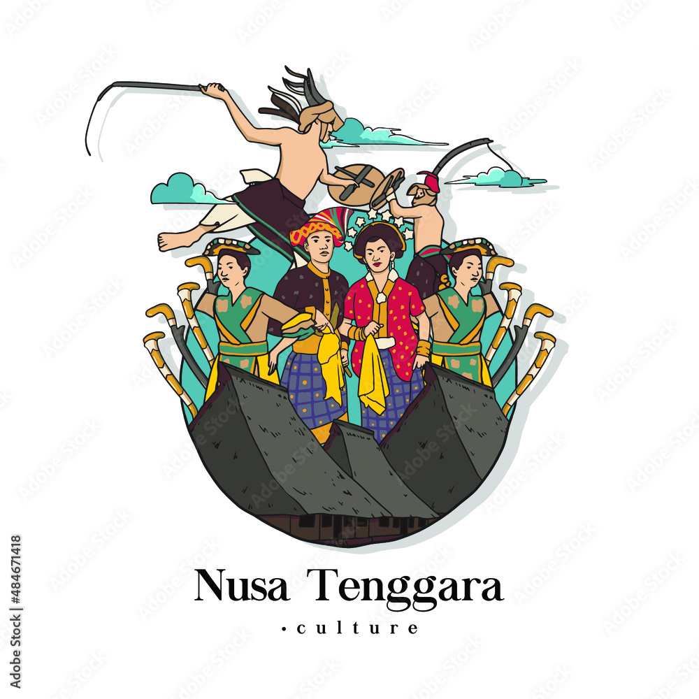 Naklejka premium Set Nusa Tenggara Culture and Landmark Illustration. Hand drawn Indonesian cultures background