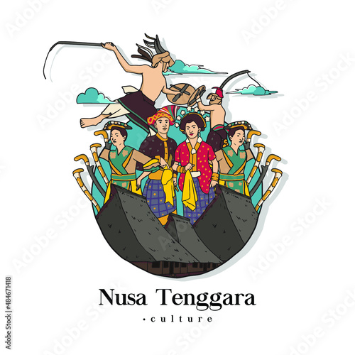 Set Nusa Tenggara Culture and Landmark Illustration. Hand drawn Indonesian cultures background