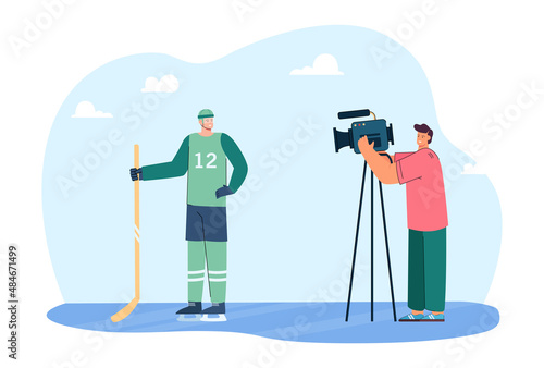 Video operator filming hockey player on camera. Sportsman in uniform posing for camera or giving interview flat vector illustration. Sport concept for banner, website design or landing web page