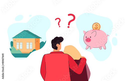 Couple thinking of buying home or saving money. Wife and husband planning budget, taking decision flat vector illustration. Family, finance concept for banner, website design or landing web page