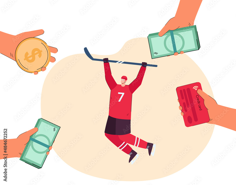 Hockey player surrounded by hands with money. Winner of competition getting prizes, banknotes flat vector illustration. Occupation, wealth concept for banner, website design or landing web page Hockey player surrounded by hands with money. Winner of competition getting prizes, banknotes flat vector illustration. Occupation, wealth concept for banner, website design or landing web page