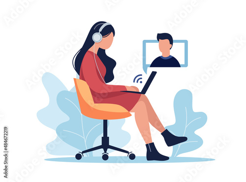 Vector cartoon woman with laptop having online video call with friend, colleague or lector
