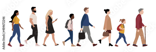 Vector illustration of diverse group of people walking isolated on white background