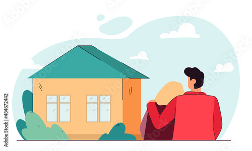 Couple looking at new house flat vector illustration. Wife and husband buying house, enjoying purchase. Family, mortgage, real estate concept for banner, website design or landing web page