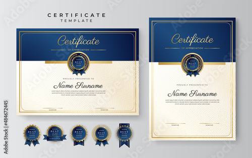 Modern blue certificate template and border, for award, diploma, honor, achievement, graduation and printing