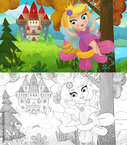 Fototapeta Naklejka Na Ścianę i Meble -  cartoon scene with nature forest princess and castle
