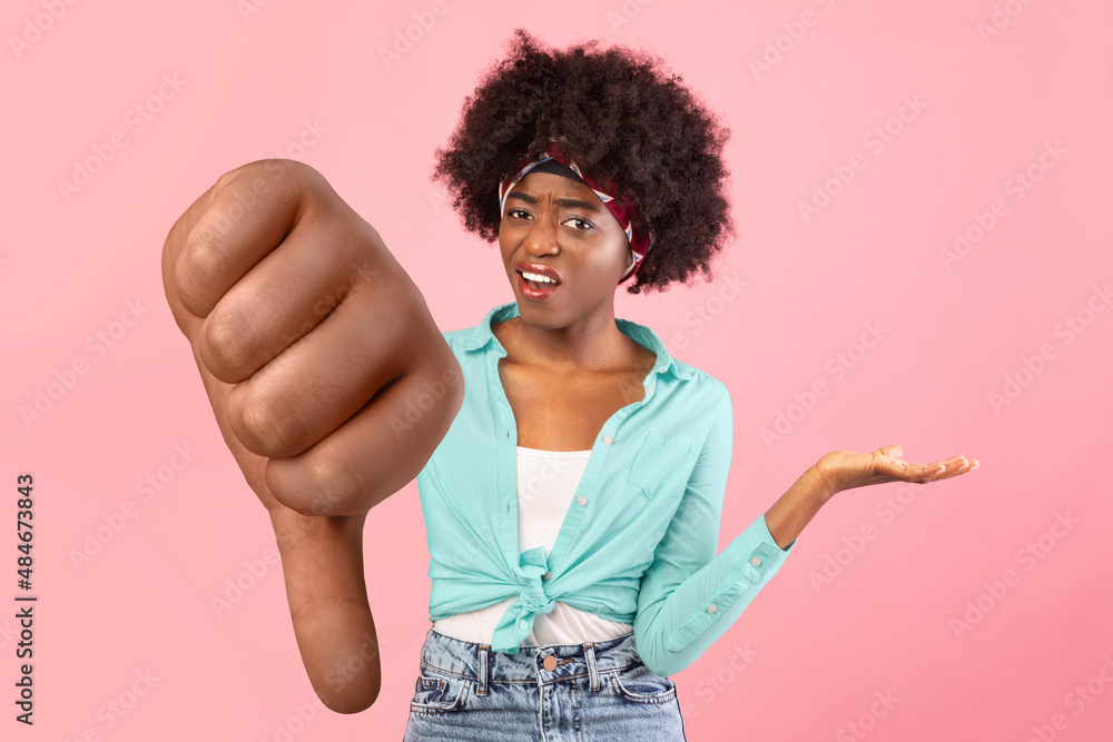 Irritated Black Young Woman Shrugging Shoulders Standing Over Pink Background Irritated Black Young Woman Shrugging Shoulders Standing Over Pink Background