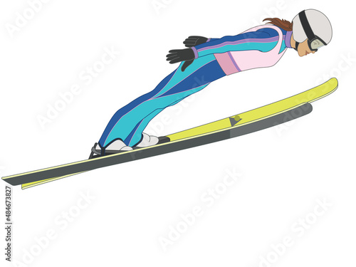 ski jumping, female skier in mid jump arms in V-style position isolated on a white background